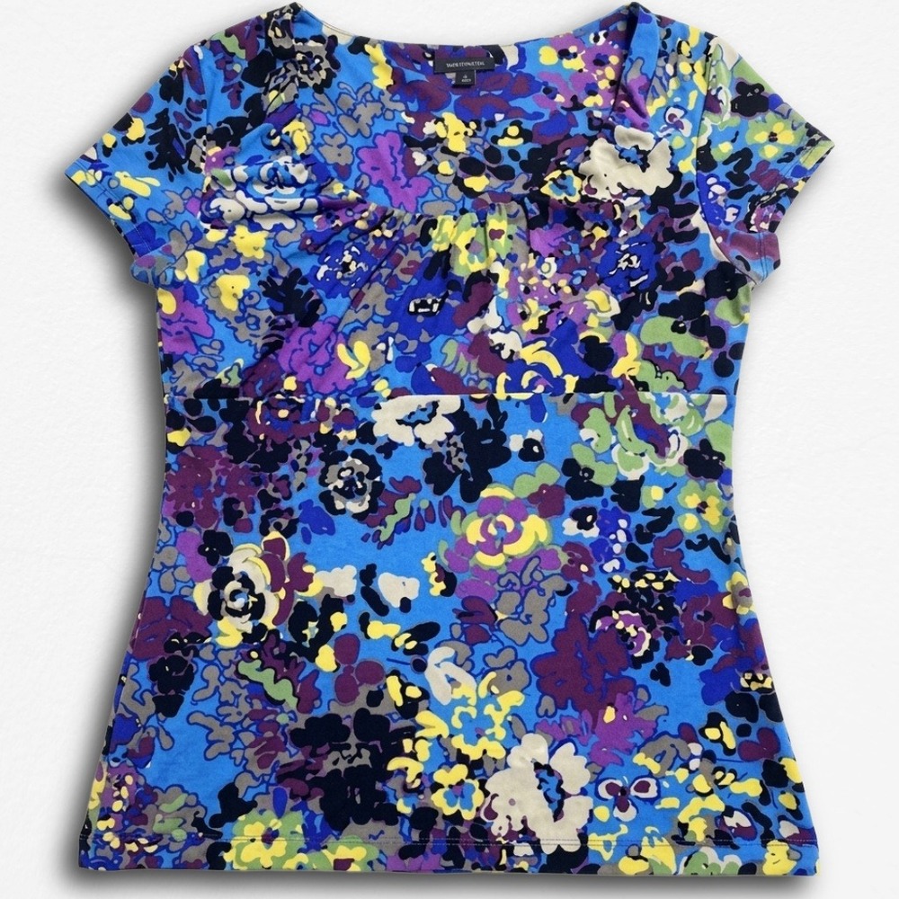 Semantiks Womens Floral Empire Waist Top Blue Purple Y2K Short Sleeve Large